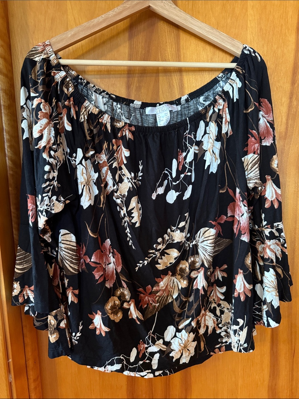 Women's Black Floral Off-Shoulder Blouse with Rust & Cream Accents